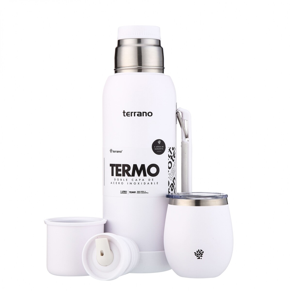 Kit Termo 1LT Con Base De Silicona + Mate De Acero Con Tapa - Blanco 