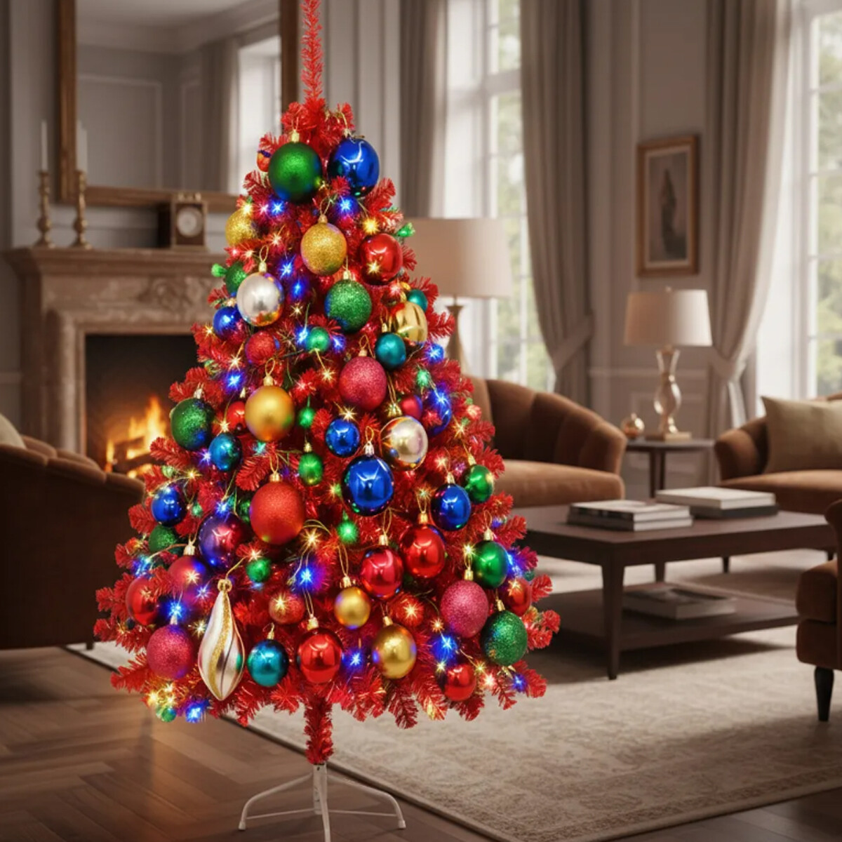 Árbol de navidad ROJO + Luces + Chirimbolos 