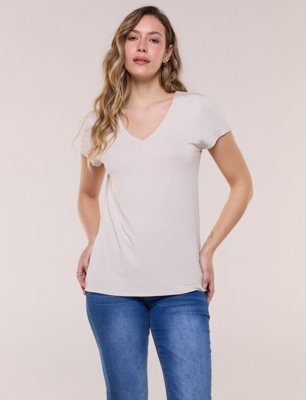 Remera Basica Manga Corta Esote V BEIGE CLARO