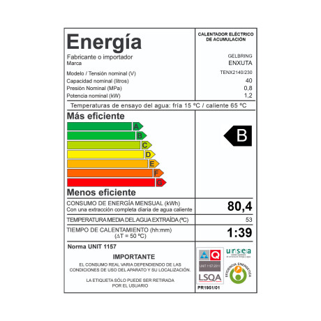 Termotanque Enxuta de Acero Línea Cilindrica 40 L TENX2140