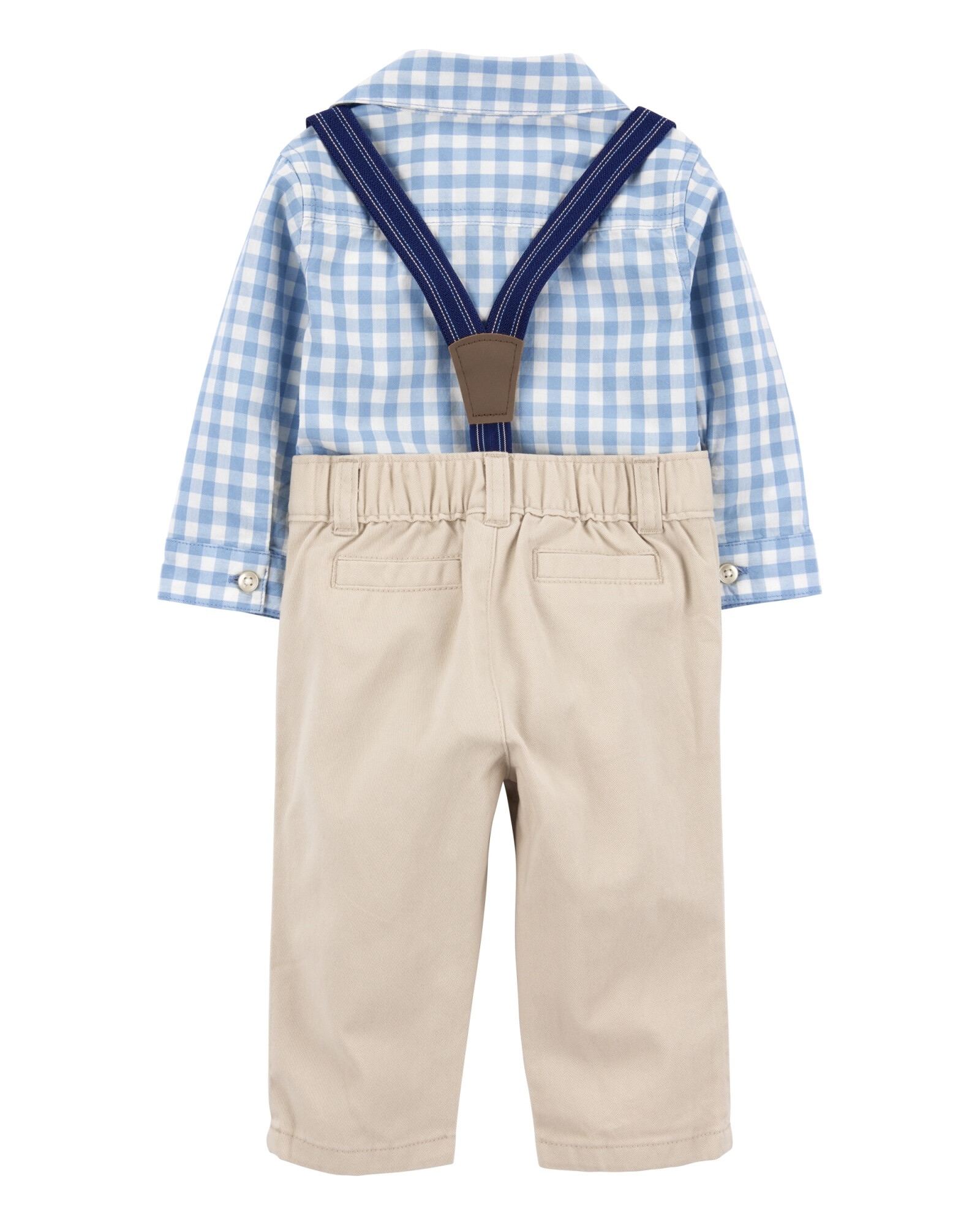 Set tres piezas de algodón, pantalón con tirantes y body camisa Set tres piezas de algodón, pantalón con tirantes y body camisa