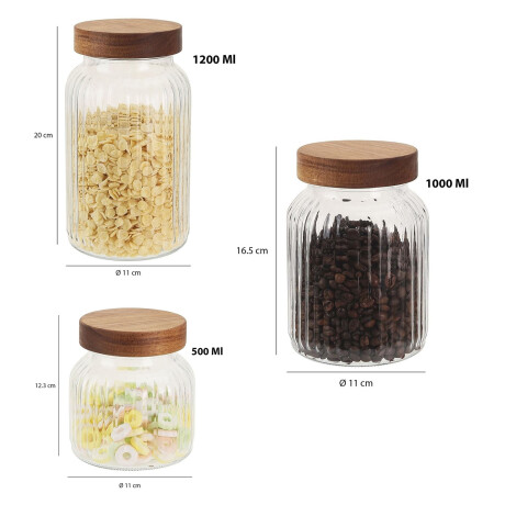 Set X3 Frascos Recipientes Vidrio Labrado Tapa Rosca Madera Transparente