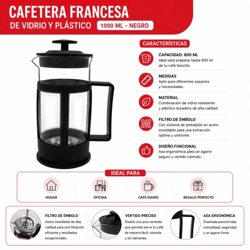 Cafetera francesa de vidrio y plástico 800 ml NEGRO