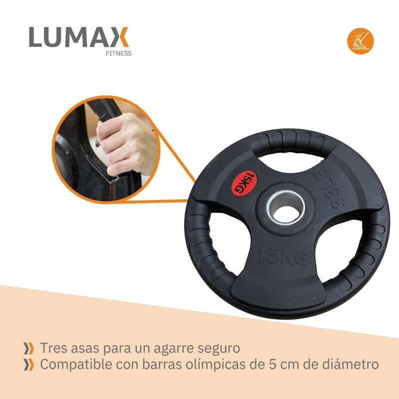 Disco Pesa Olímpica Recubierta Lumax con 3 Agarres 15KG Disco Pesa Olímpica Recubierta Lumax con 3 Agarres 15KG