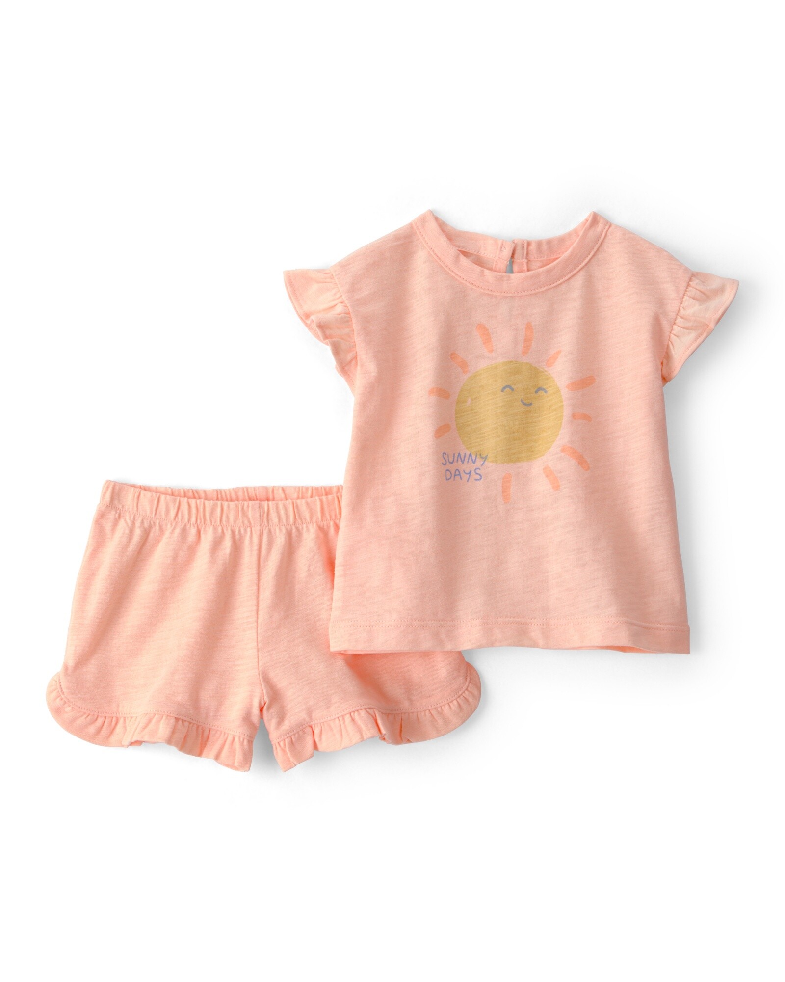 Set dos piezas de algodón, short y remera, anaranjado, estampa sol Sin color
