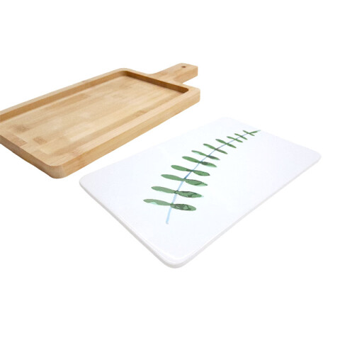 Tabla para picadas de bamboo con plato de cerámica extraíble Tabla Para Picadas De Bamboo Con Plato De Cerámica Extraíble