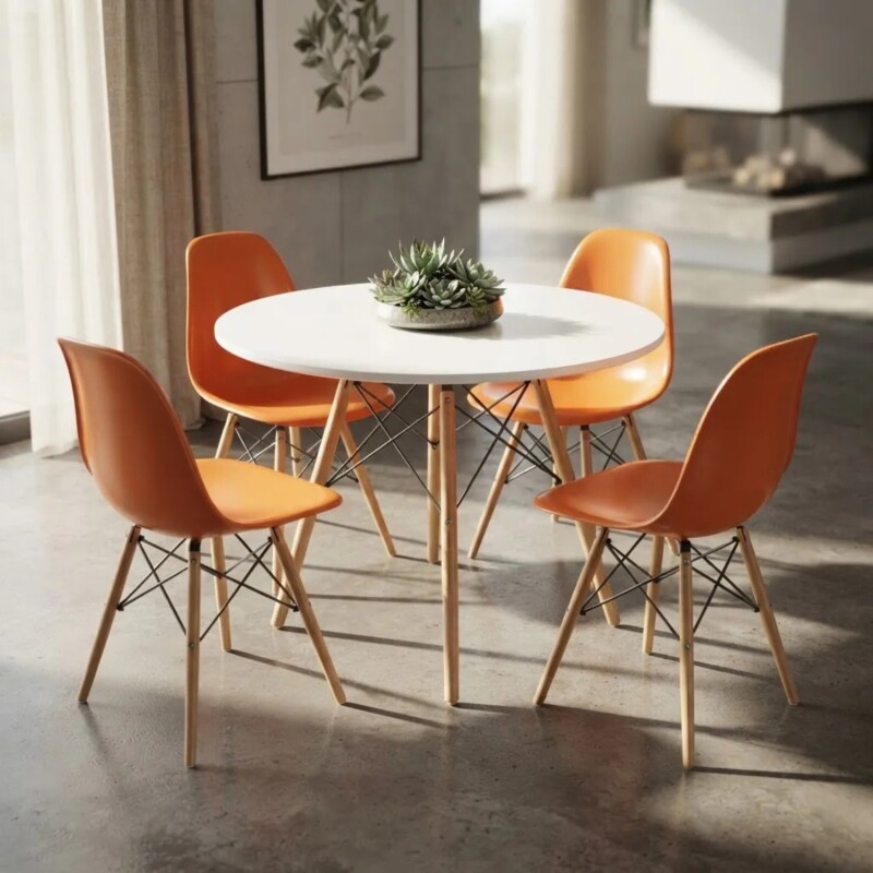 Juego de comedor Con Mesa Circular de 80cm + 4 Sillas Eames Naranja/Blanco