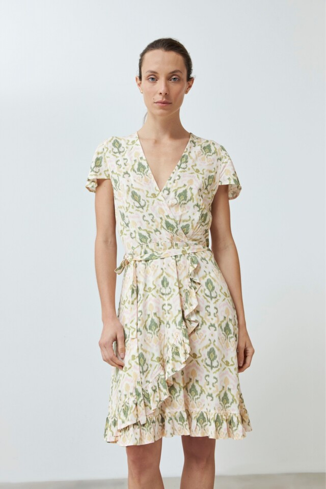 Vestido estampado cruzado con volados verde oliva