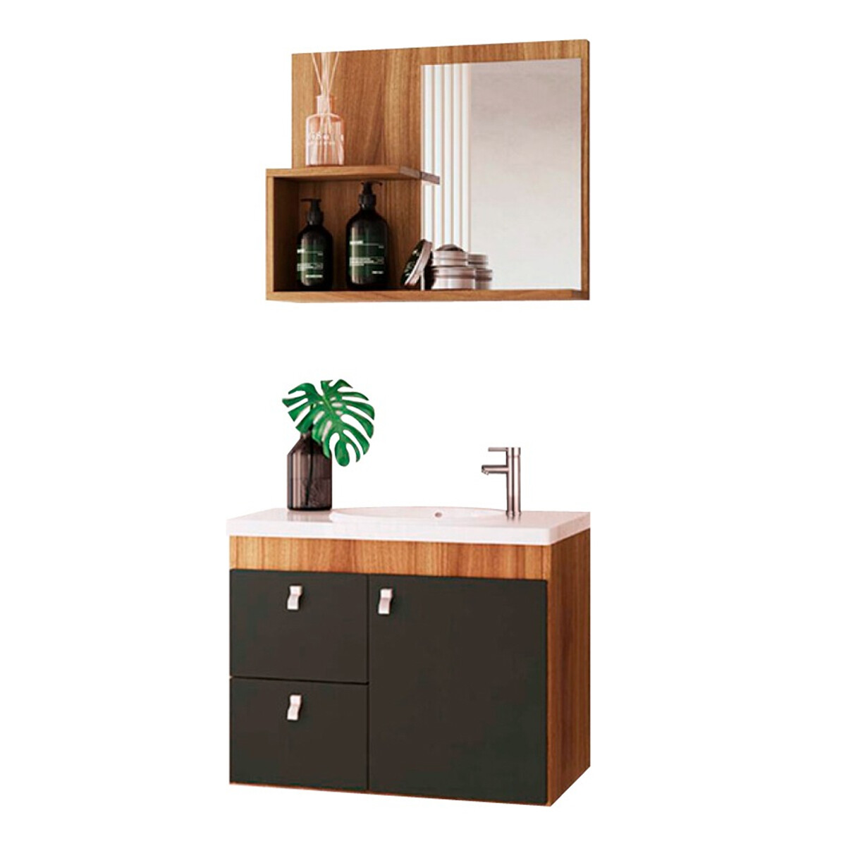 Mueble Baño Luna + Bacha + Espejo Premium 15mm Marron Gris 