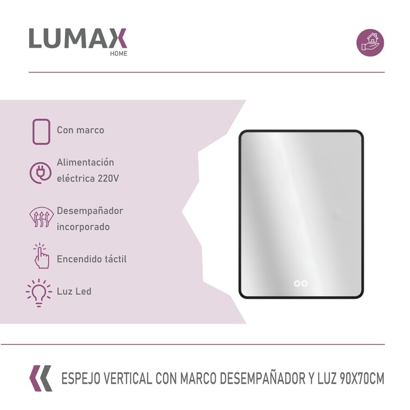 Espejo Vertical Lumax c/marco desempañador y Luz 90x70cm Negro