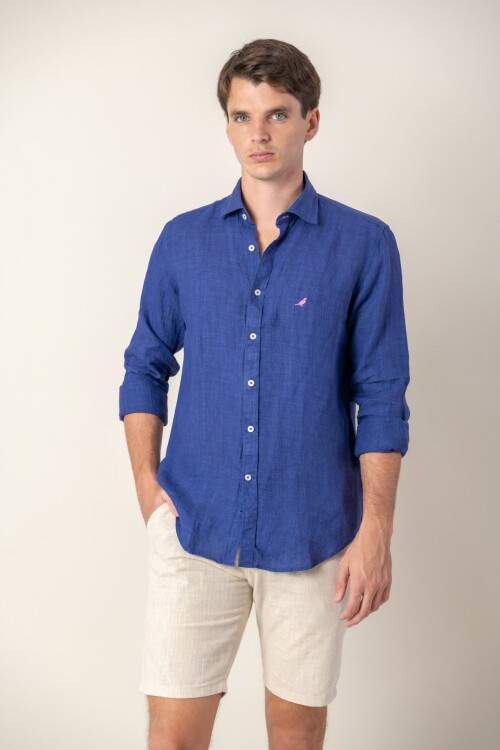 Camisa short collar lino Dark blue