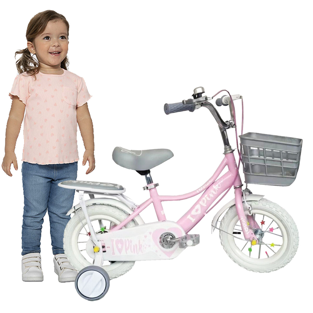 Bicicleta Infantil Rodado 12 Niña Con Rueditas Blancas Y Canasto - Rosa 