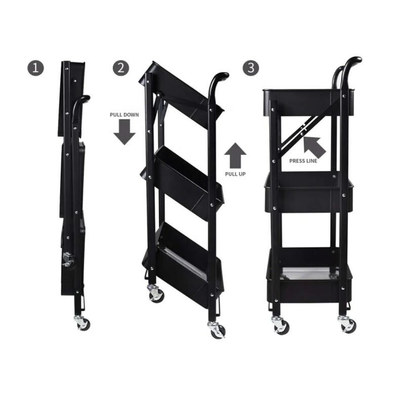 Carrito Organizador Plegable Con Ruedas 3 Niveles Multiuso Negro Carrito Organizador Plegable Con Ruedas 3 Niveles Multiuso Negro
