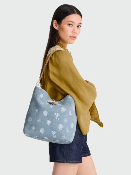 Longchamp - Bolso tipo cubo, Le Roseau Denim Gris Oscuro