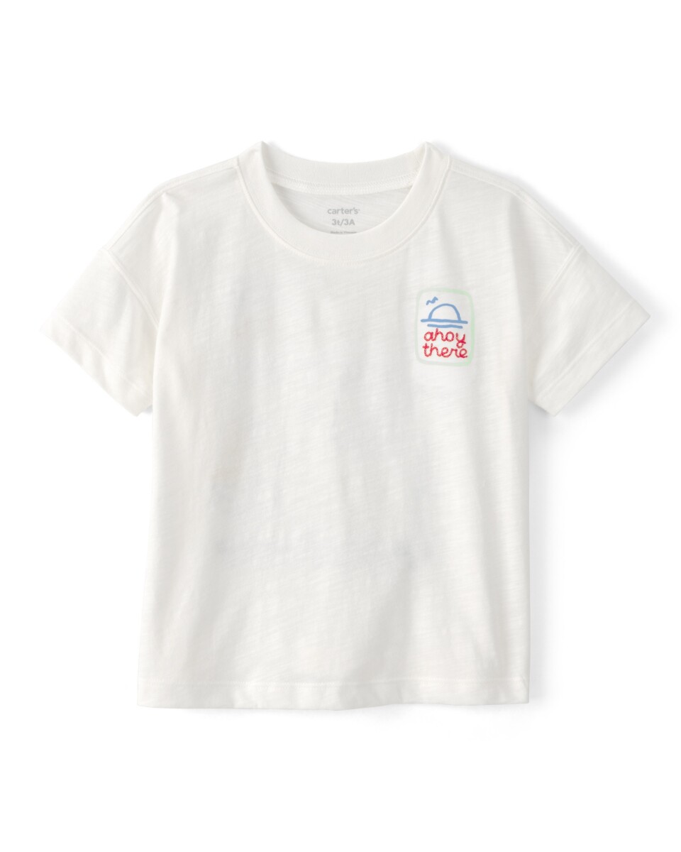 Remera de algodón, manga corta, blanca, estampa náutica 