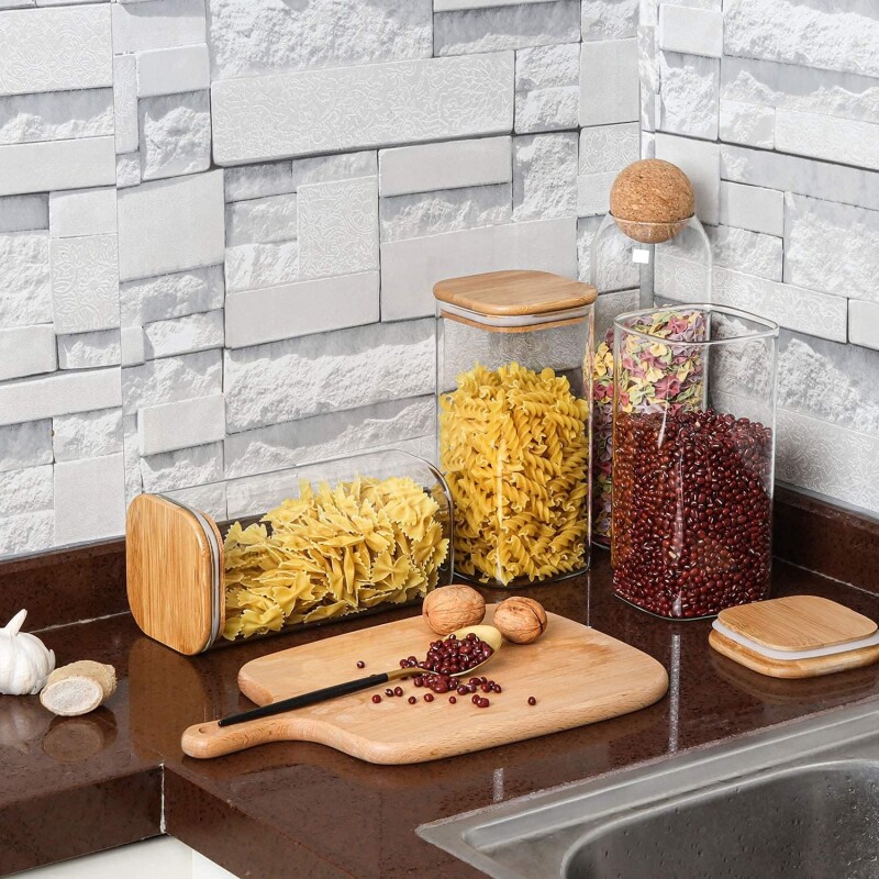 Frasco contenedor de vidrio rectangular tapa madera 1500ml