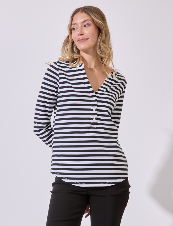 Remera Algodon Escote V NEGRO/BLANCO