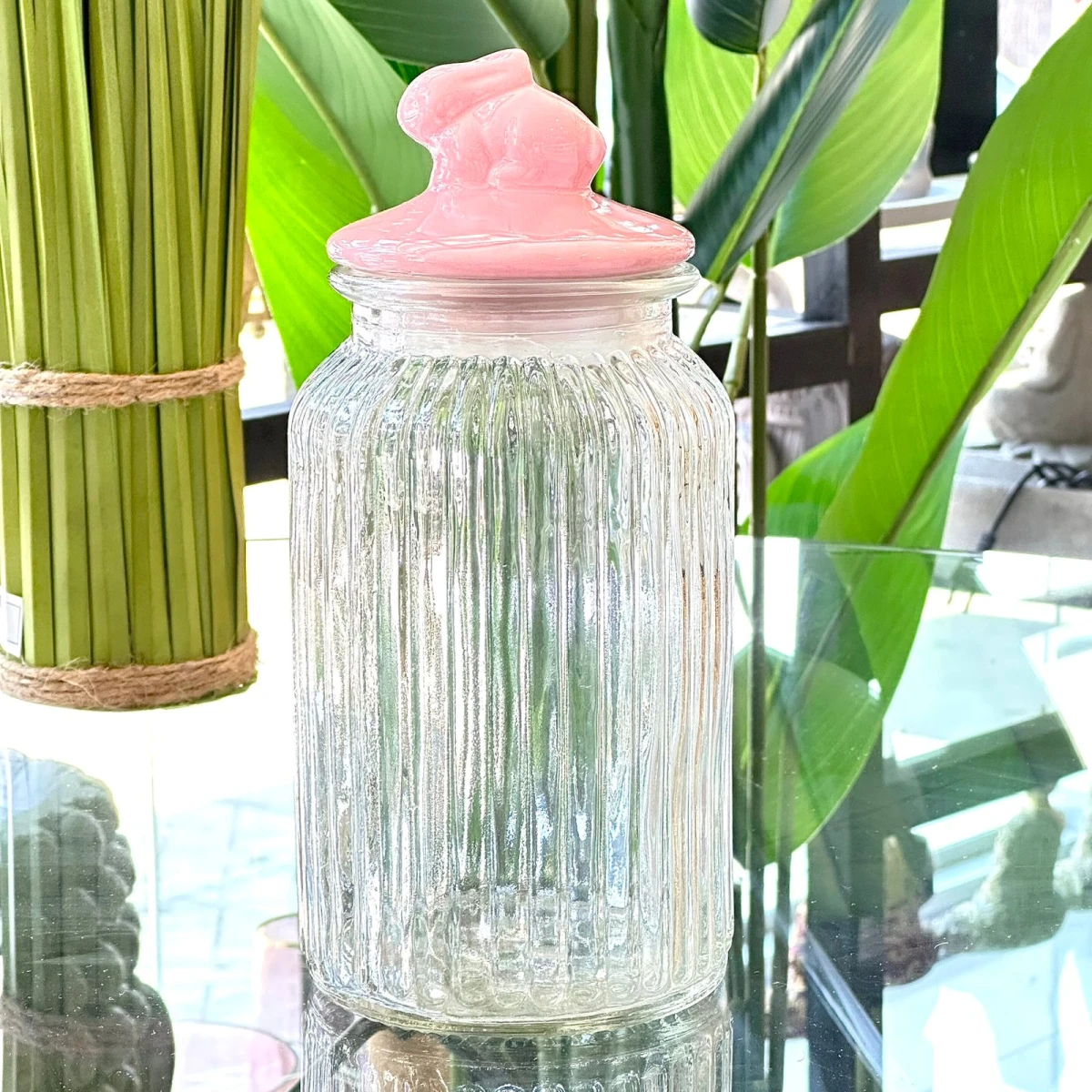 Frasco Vidrio Rayas Conejo Rosado Ø 10cm x Alto 21cm (1350ml) 