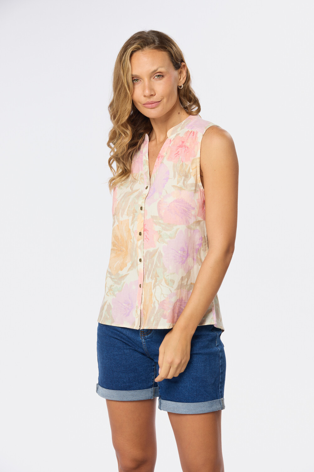 MUSCULOSA DE LINO ESTAMPADA Rosa