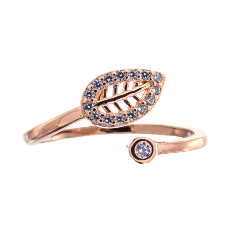 Anillo de plata 925 con baño de oro rosado y circonias, HOJA. Anillo de plata 925 con baño de oro rosado y circonias, HOJA.