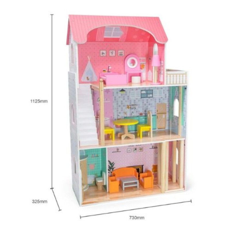 Casita de muñecas rosa- 3 plantas con accesorios Casita De Muñecas Rosa- 3 Plantas Con Accesorios