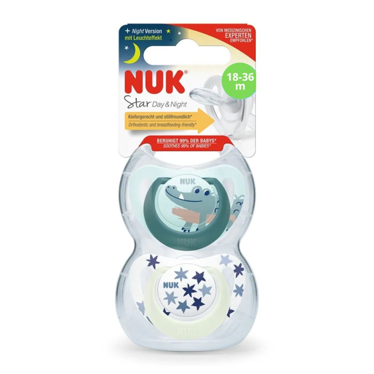 Chupetes Nuk x2 + Porta Chupete Línea Day & Night - Verde 18-36m 