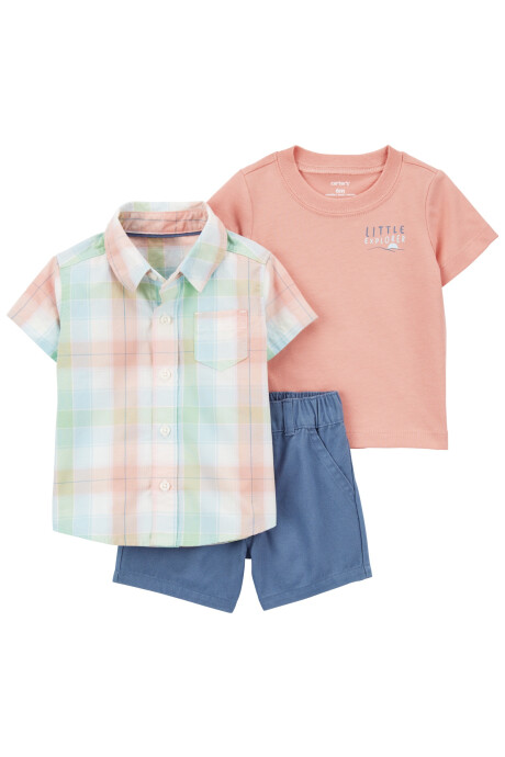 Set tres piezas de algodón, short, camisa y remera estampada Set tres piezas de algodón, short, camisa y remera estampada