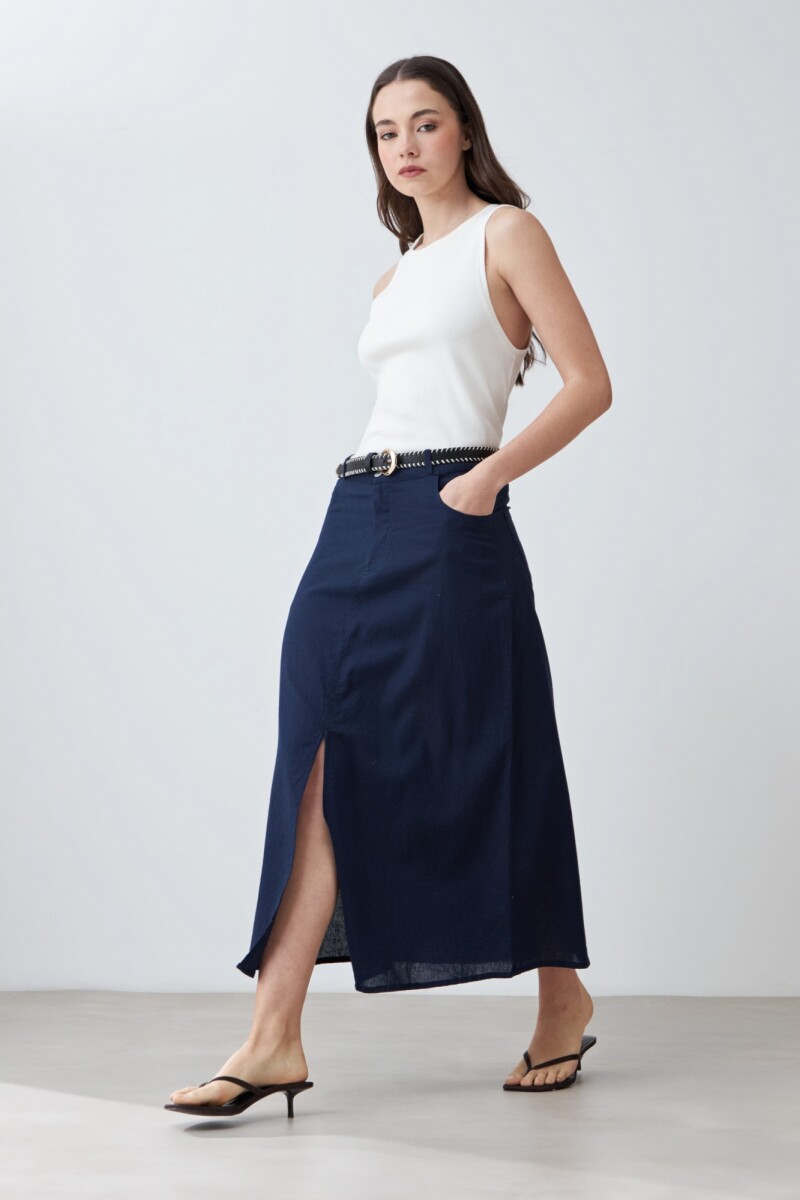 Falda midi con tajo azul marino