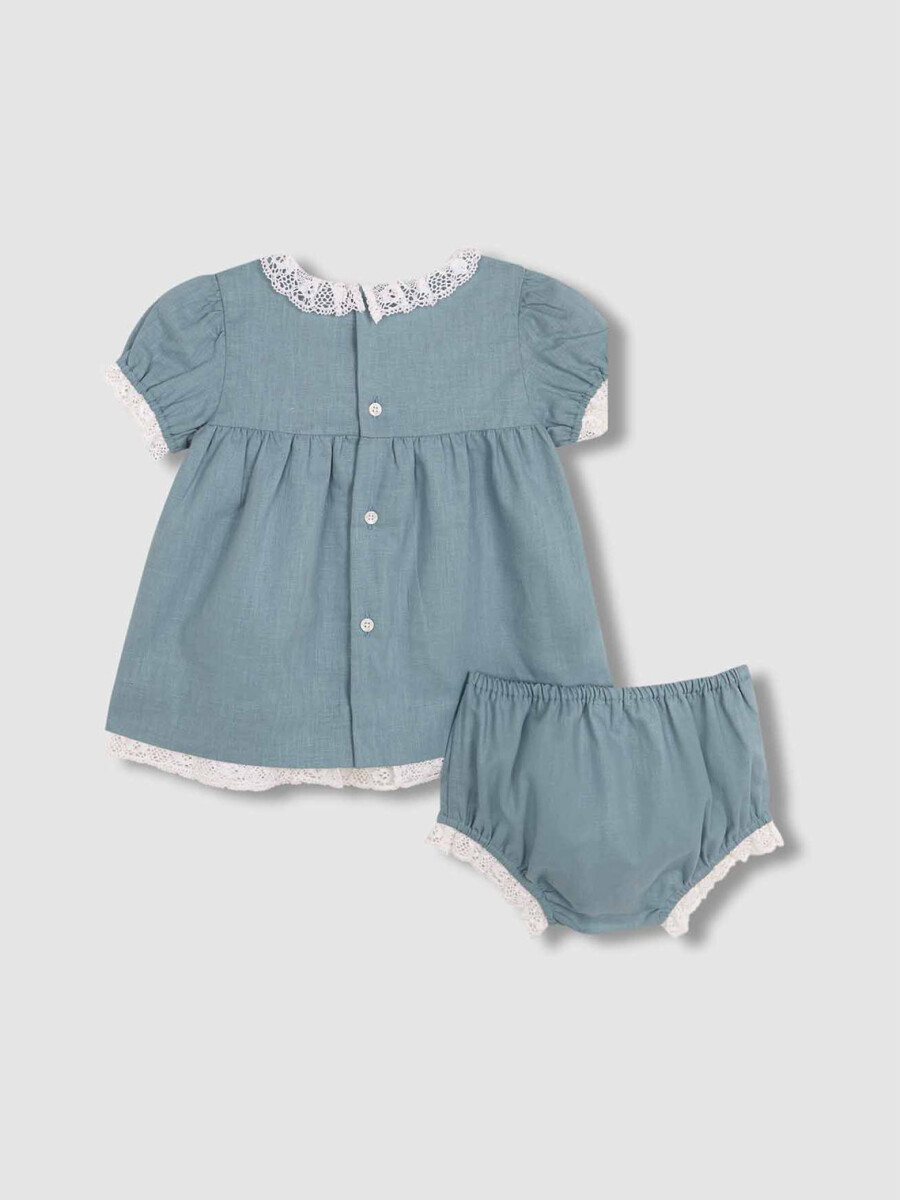 Vestidode Lino Con Tiras Bordadas Verde