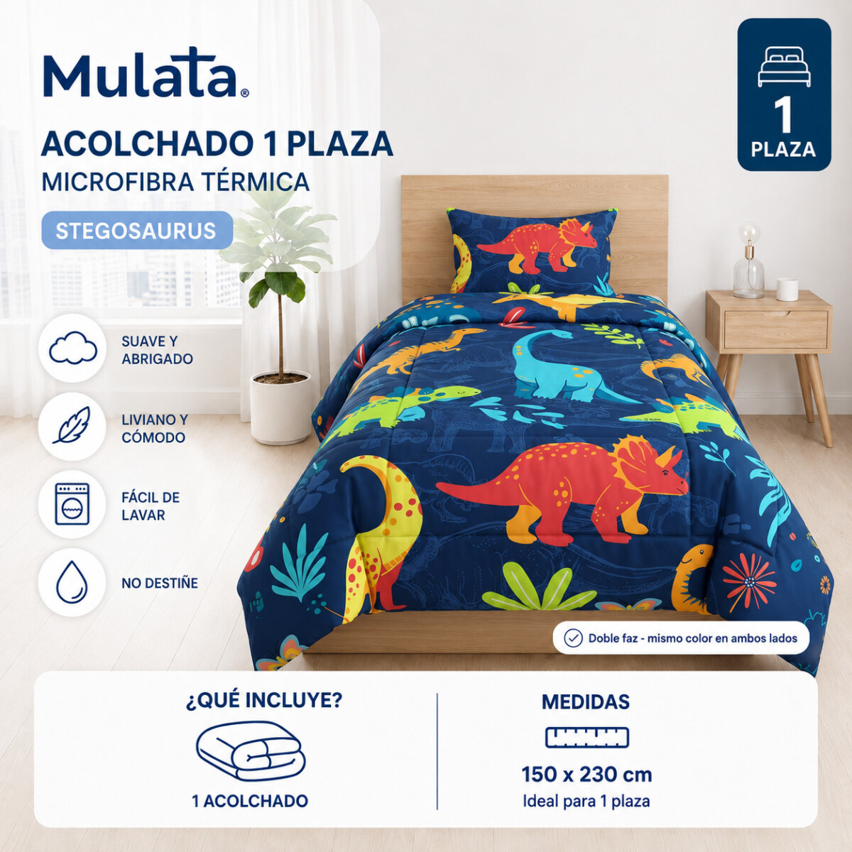 Acolchado 1 Plaza Doble Faz Microfibra Térmico 150 x 230cm Dinosaurios - Stegosaurus 