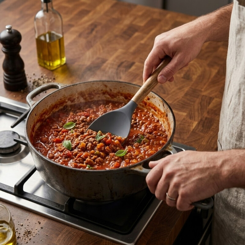 Cuchara silicona Recta 31cm mango Acacia GRIS