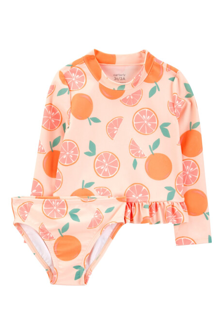 Malla de baño dos piezas, protección UPF 50+, manga larga, con volado y diseño naranjas Malla de baño dos piezas, protección UPF 50+, manga larga, con volado y diseño naranjas