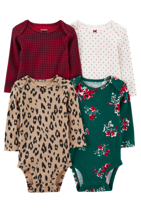 Pack cuatro bodies de algodón manga larga, estampados Sin color