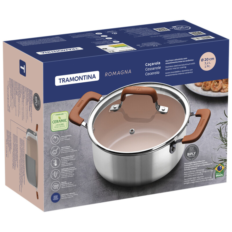 CACEROLA 20CM C/TAPA VIDRIO ACERO INOX. C/REVESTIMIENTO EN CERÁMICA ROMAGNA 28742/320 CACEROLA 20CM C/TAPA VIDRIO ACERO INOX. C/REVESTIMIENTO EN CERÁMICA ROMAGNA 28742/320