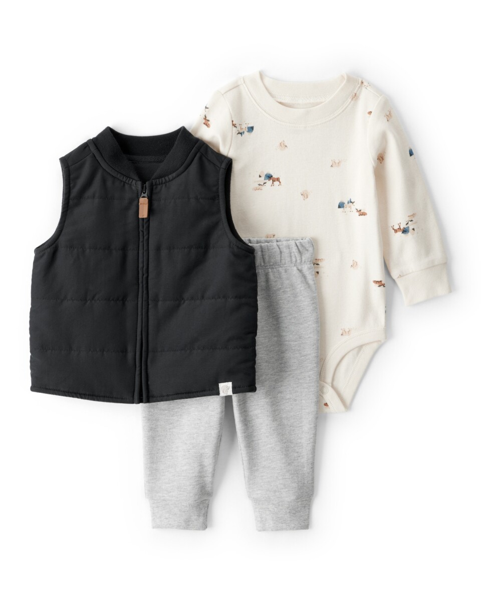 Set tres piezas, chaleco puffer negro, pantalón y body de algodón 
