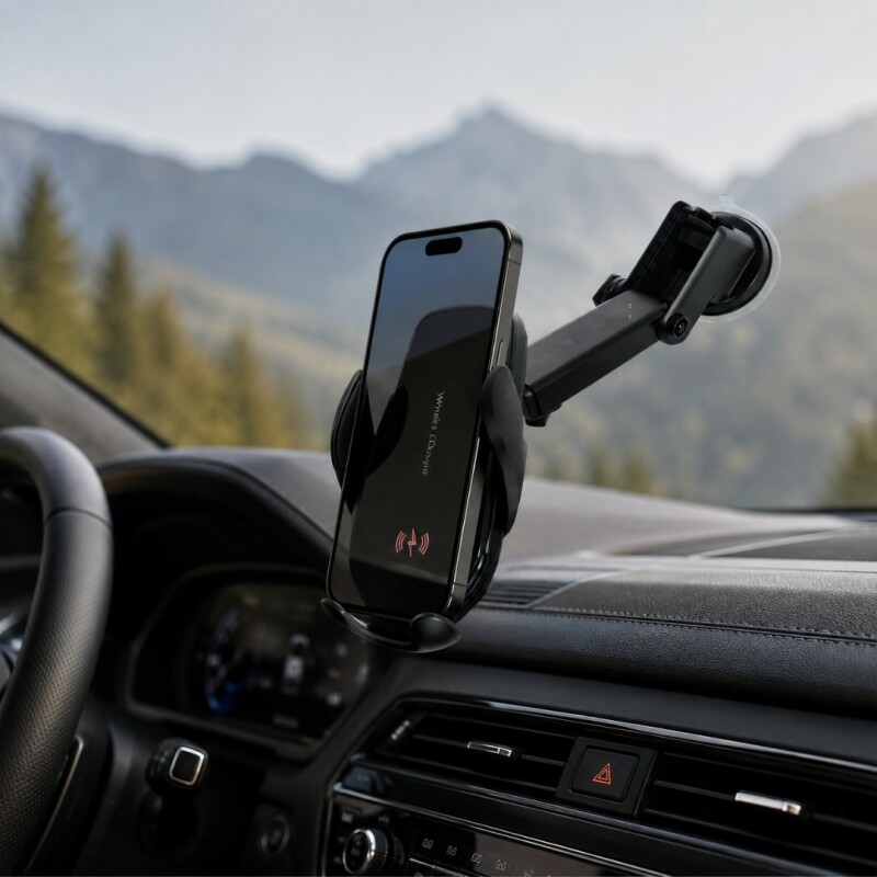 Soporte para auto con cargador inalámbrico rápido y ventosa Soporte para auto con cargador inalámbrico rápido y ventosa