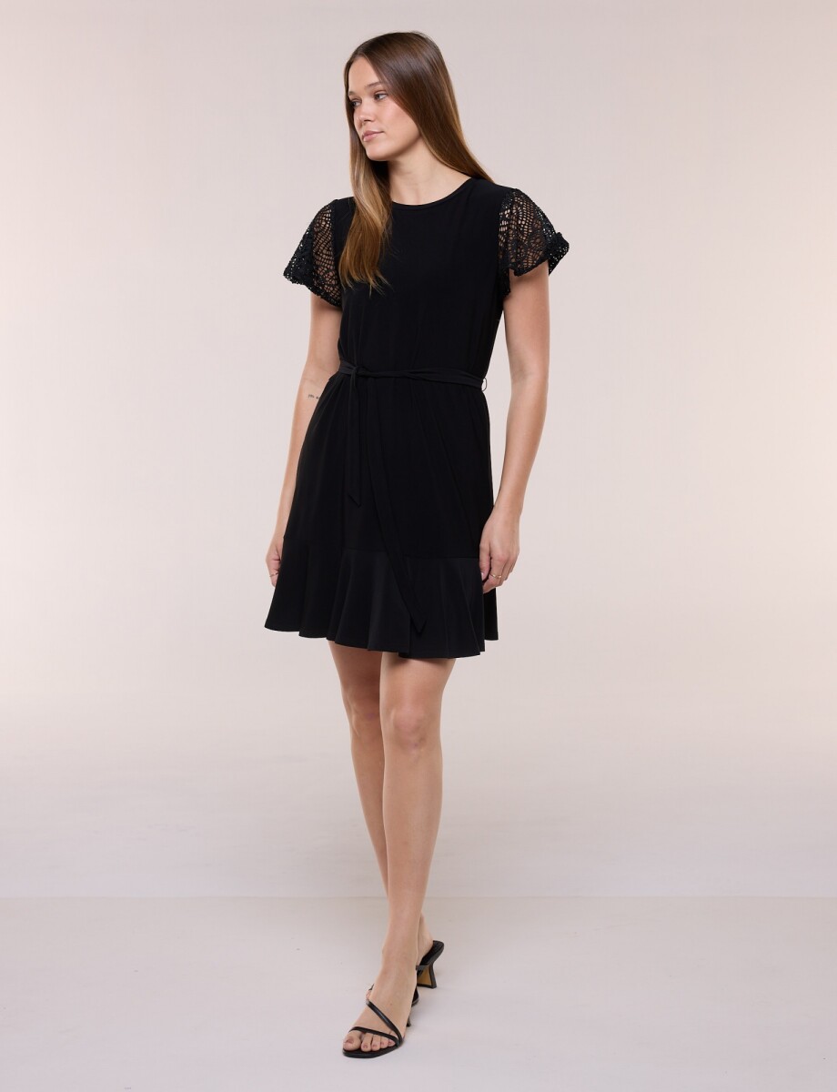 Vestido Corto Con Mangas Broderie - Negro 