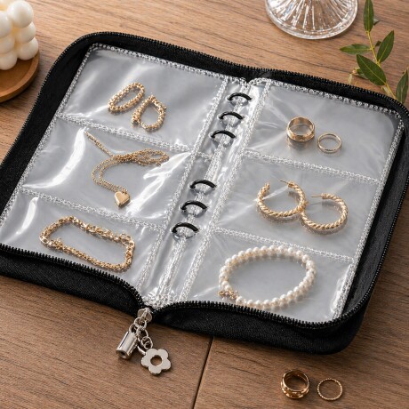 Estuche organizador de joyas estilo libro con compartimentos Negro