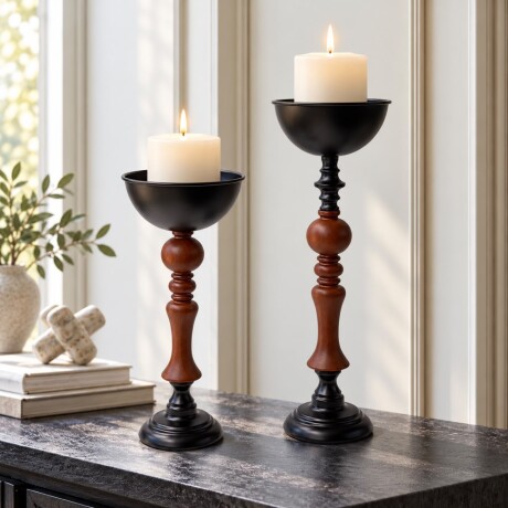 Juego de 2 Candelabros de Madera y Metal Negro Juego de 2 Candelabros de Madera y Metal Negro