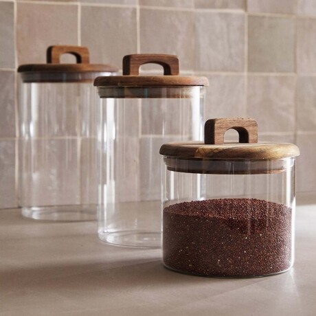 Frasco Recipiente Boro 1.2Lt en Vidrio y Tapa Madera Acacia Transparente