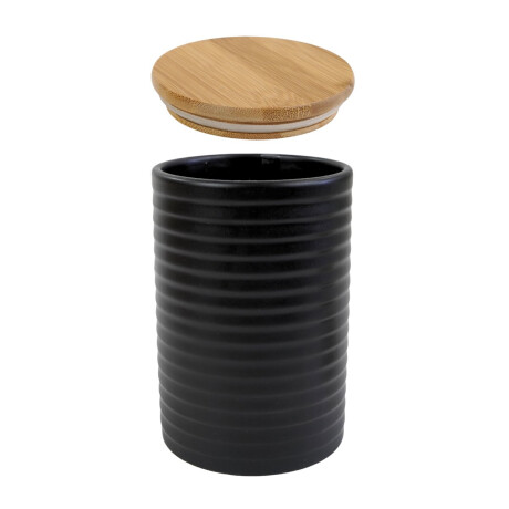 Recipiente de ceramica negro con tapa de madera Recipiente de ceramica negro con tapa de madera