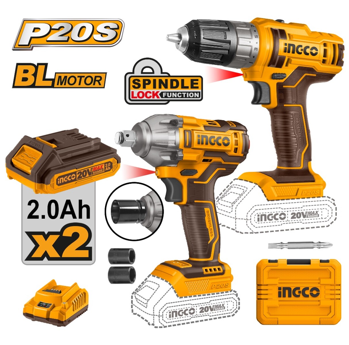 SET LLAVE DE IMPACTO Y ATORNILLADOR 20V BATERIA P20S INGCO COSLI230702 