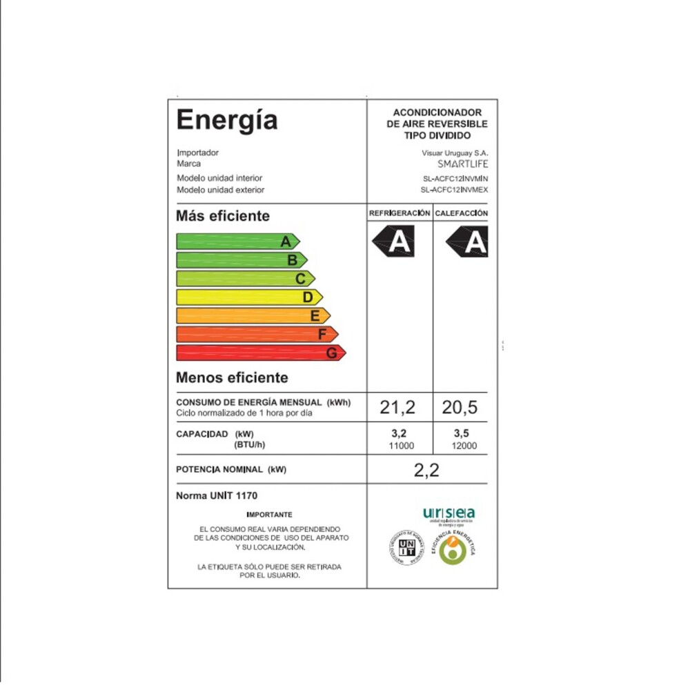 AIRE ACONDICIONADO SMARTLIFE 12000-BTU BLANCO SL-ACFC12INVM INVERTER