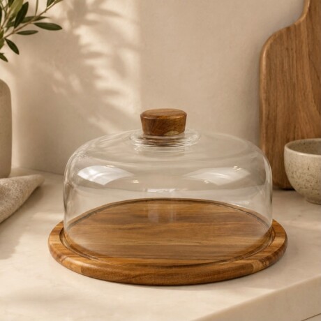 Campana para Tortas con Base de Madera de Acacia y Cúpula de Vidrio – Ø 31cm Campana para Tortas con Base de Madera de Acacia y Cúpula de Vidrio – Ø 31cm