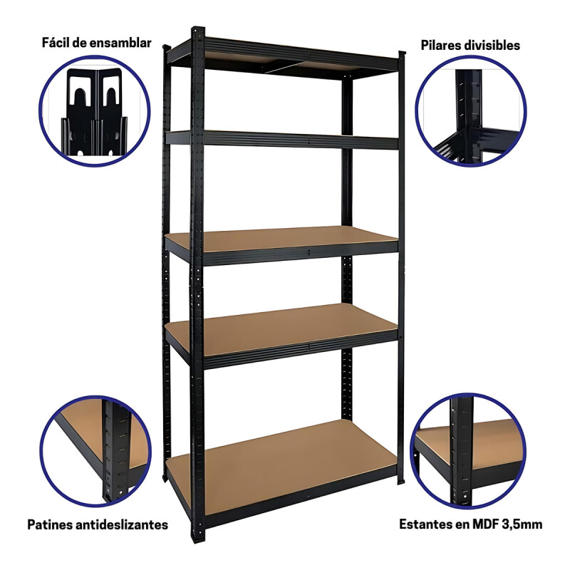 Estanteria Metalica Multiuso Industrial Mdf Regulable Negro