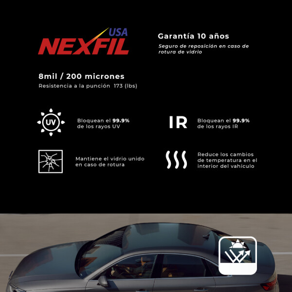 Polarizado Auto. Marca: Nexfil. Tono: Intermedio. 200 Micrones Polarizado Auto. Marca: Nexfil. Tono: Intermedio. 200 Micrones