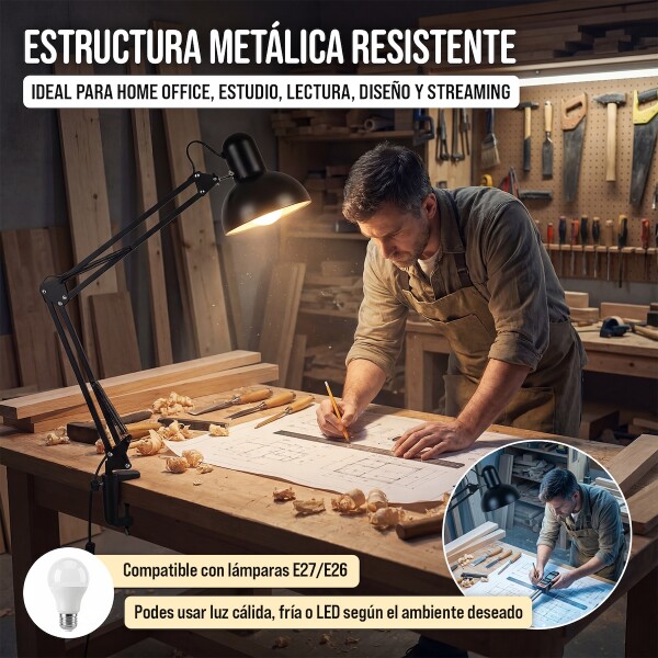 Lampara de escritorio mesa velador articulada arquitecto con morsa pinza IMBACK Color Negro Lampara de escritorio mesa velador articulada arquitecto con morsa pinza IMBACK Color Negro