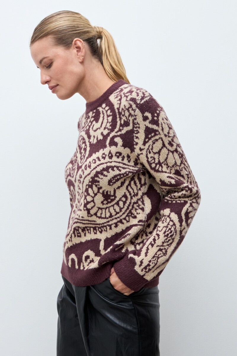 Sweater jacquard paisley ciruela