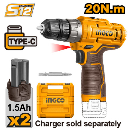 Atornillador 12V c/ 2 Baterías Broca Maletín Ingco CDLI12202 Amarillo