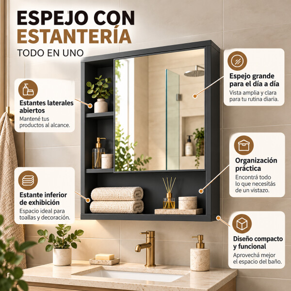 Espejo Para Baño Con Estantes 40 X 50 Cm Movi Esh0069 ESPEJO BOTIQUIN MOVI ESH0069 NEGRO